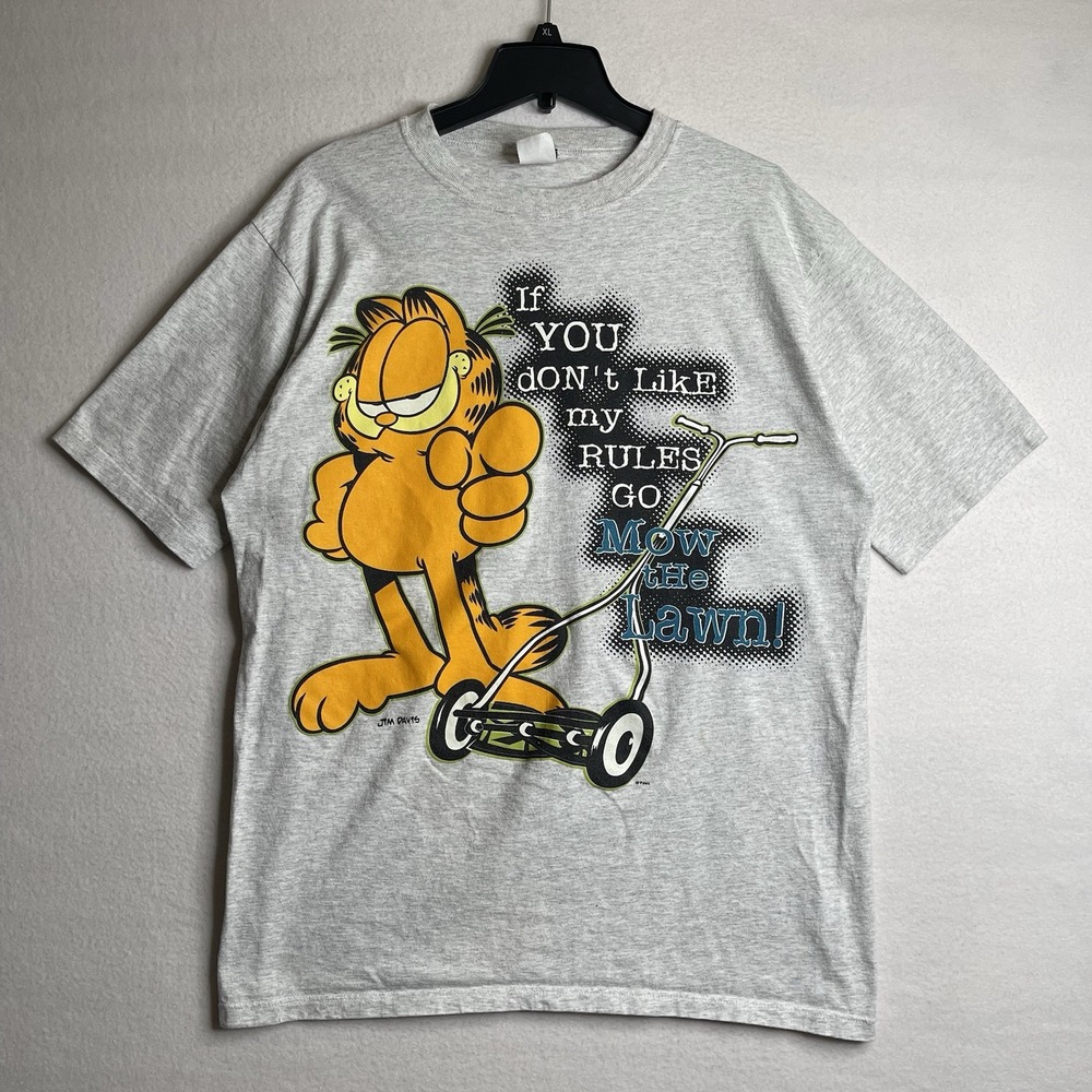 Vtg 90s Garfield Mow The Lawn Faded Shirt L Single Stitch Cartoon Grunge TV